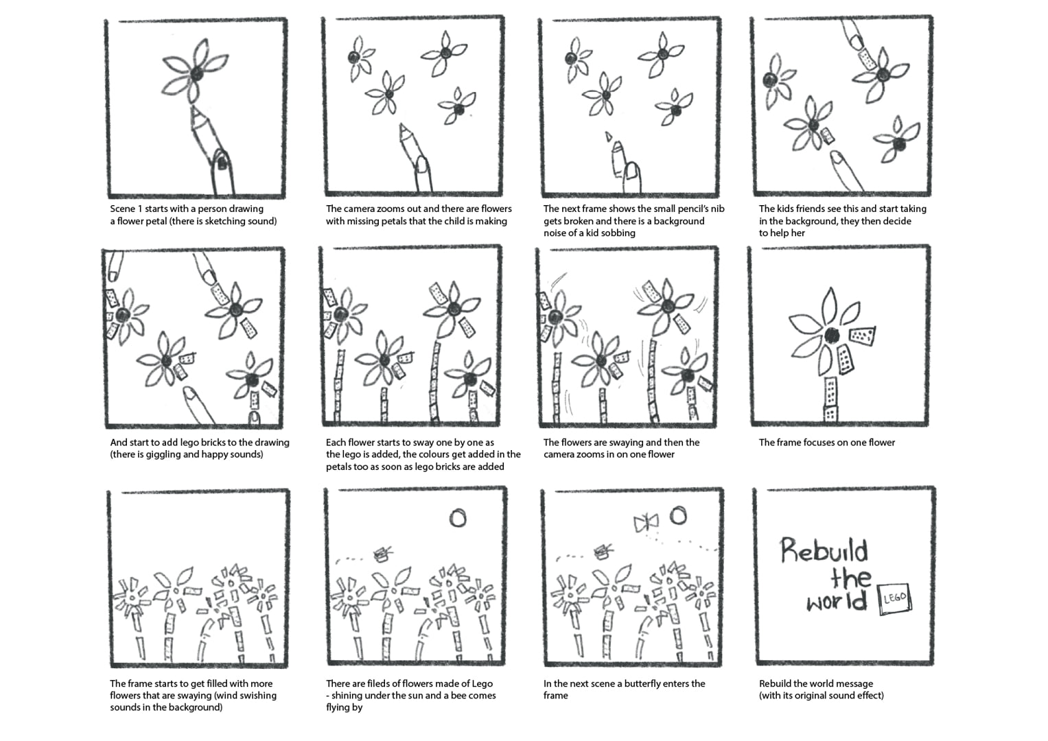 A storyboard of twelve pencil frames: a hand draws flowers, the pencil breaks, friends add LEGO bricks to the petals, the flowers sway in a field under the sun, a bee and a butterfly fly in, and the last frame reads Rebuild the world with the LEGO logo.