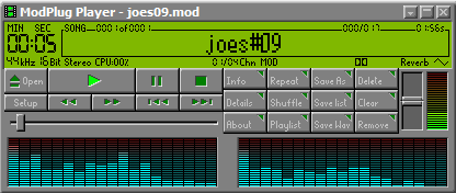 ModPlug Player, a compact window with a green LCD-style display playing joes09.mod, transport buttons and two level meters.