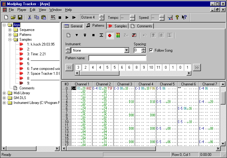 ModPlug Tracker's pattern editor with the demo song Aryx open: the sample list on the left and channel columns of notes, instrument numbers and effect commands running down the rows.