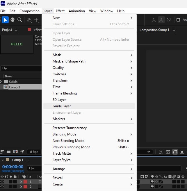 White menus of Adobe After Effects on Windows