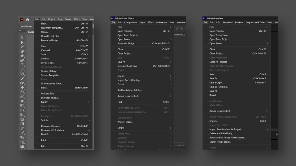 Adobe Illustrator, Adobe After Effects, and Adobe Premiere with Dark Menus on Windows