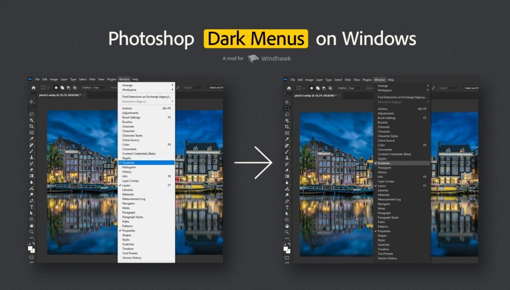 Photoshop dark menus on Windows 11 before and after installing the Photoshop Dark Menus Windhawk mod