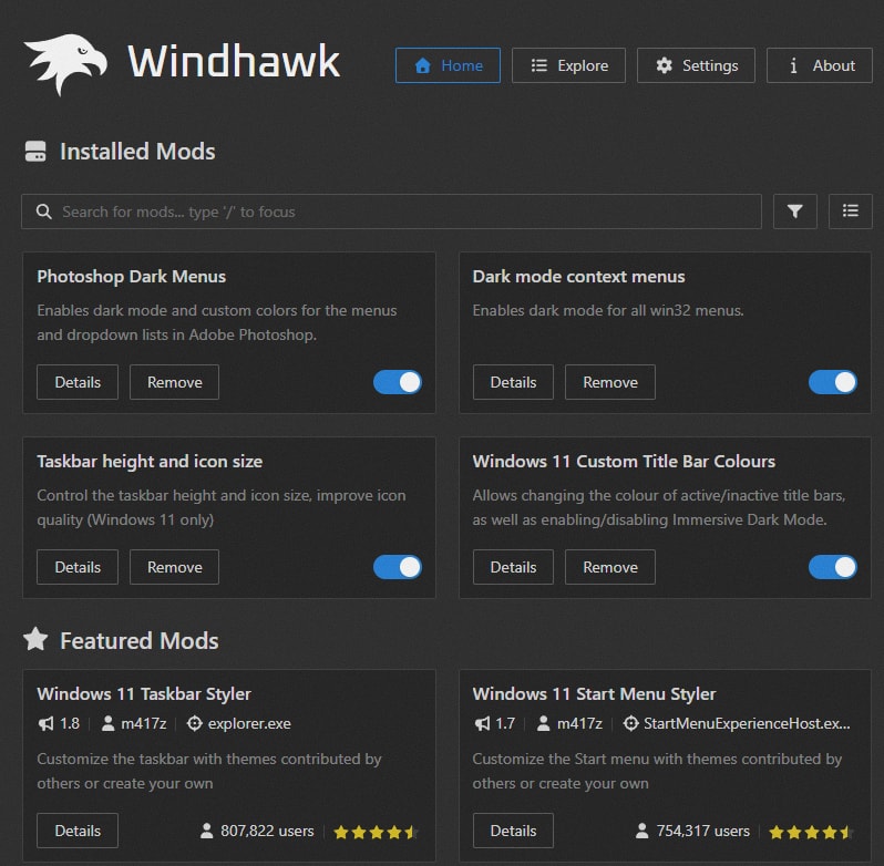 Windhawk interface, an advanced customization tool for Windows