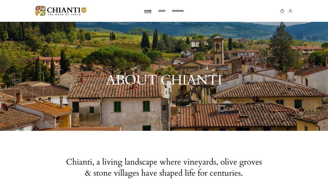 The About Chianti page: tiled rooftops of a hill town under the title, and the line Chianti, a living landscape where vineyards, olive groves and stone villages have shaped life for centuries.