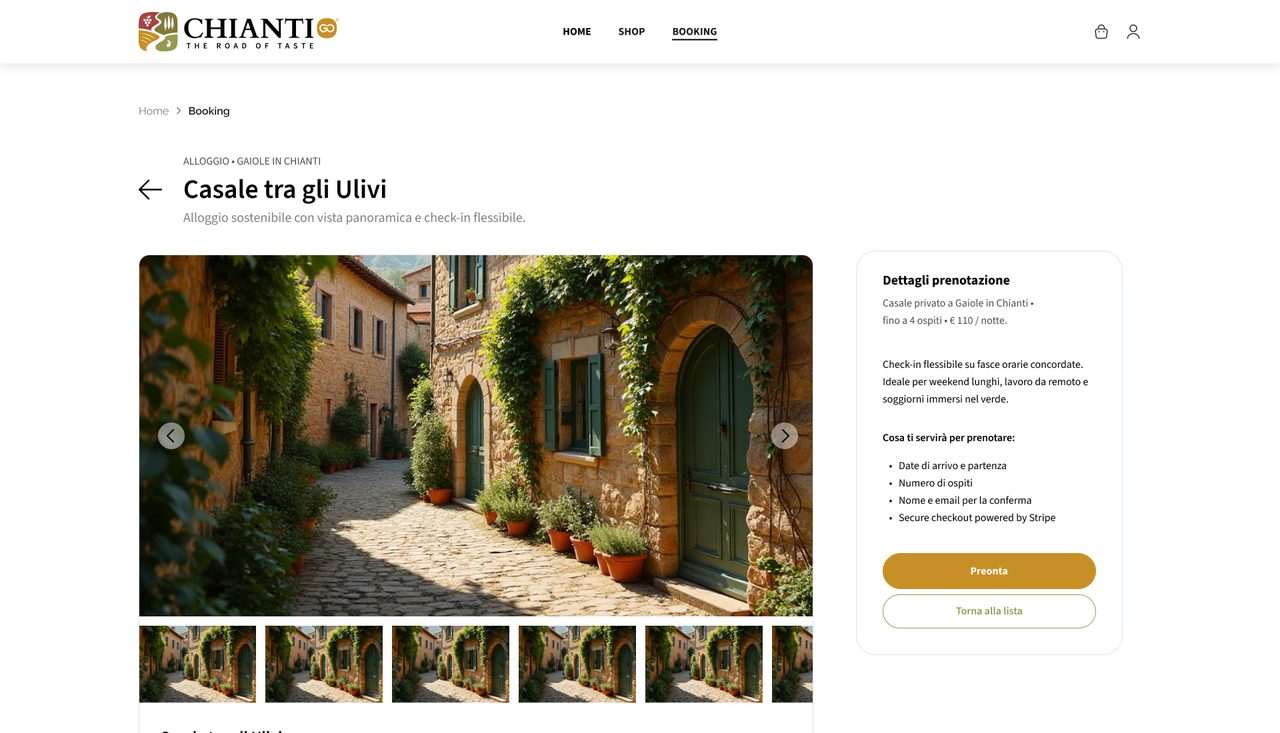 A stay in detail: a photo gallery of a stone lane with green shutters, and a booking panel with what is needed to book.
