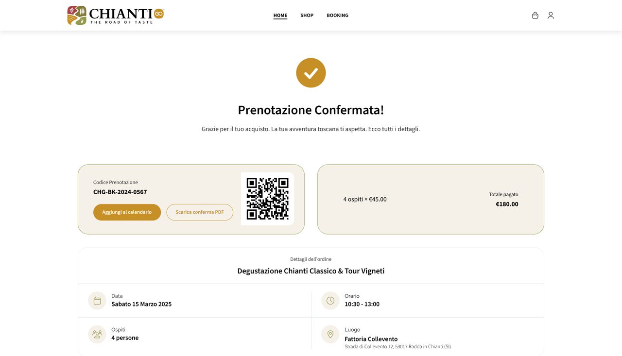 Booking confirmed: an ochre check mark, the booking code with a QR code and buttons to add it to a calendar or download a PDF, and the date, time, guests and place.