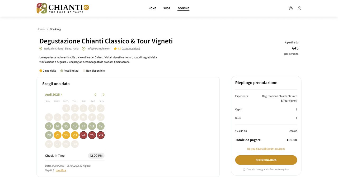 Picking a date for a Chianti Classico tasting and vineyard tour: a calendar coded available, limited and sold out, beside the booking summary.