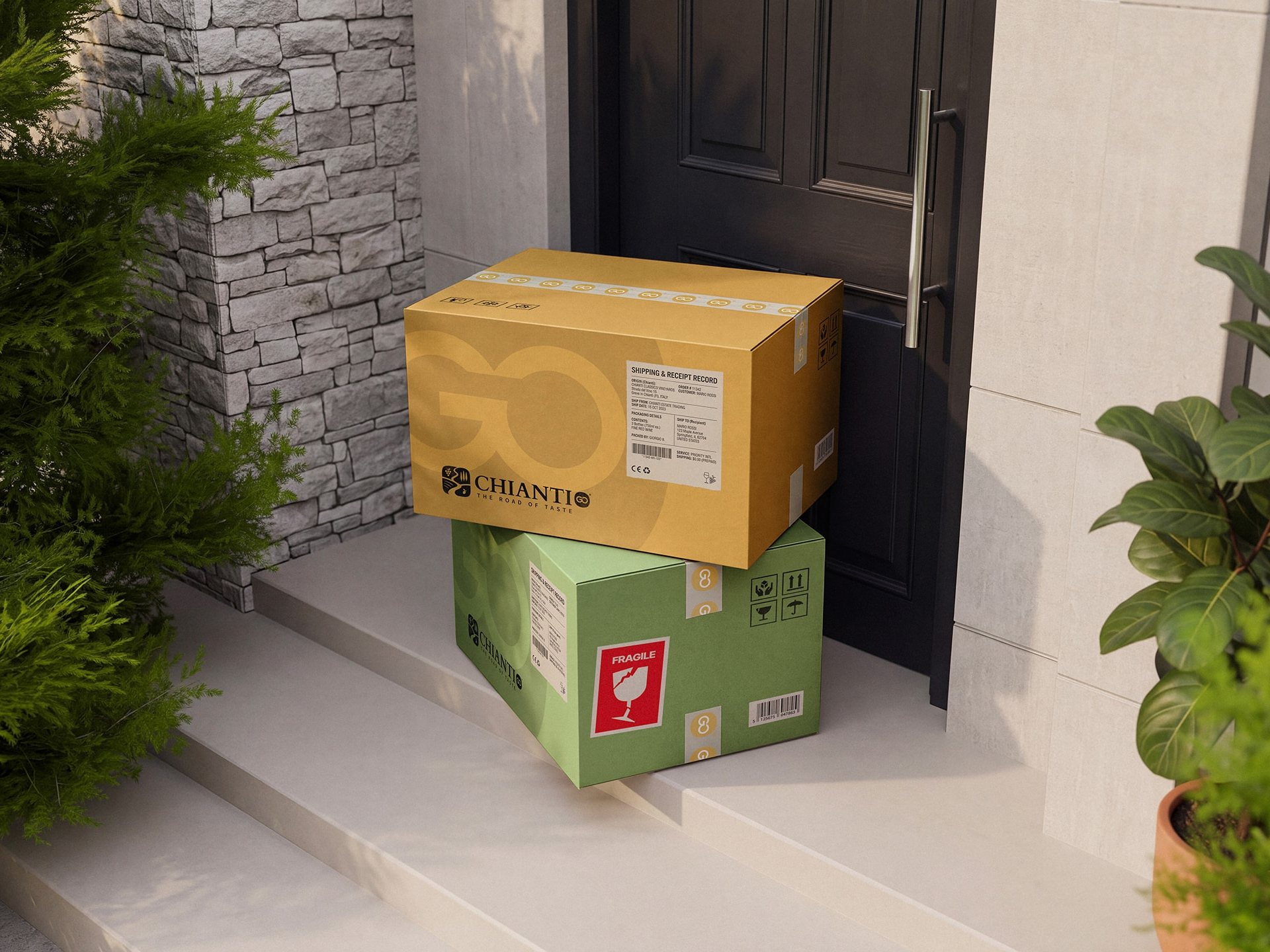 Two Chianti Go shipping boxes on a doorstep, one ochre and one green, each printed with the logo and a large faint GO, sealed with tape patterned with the GO mark.