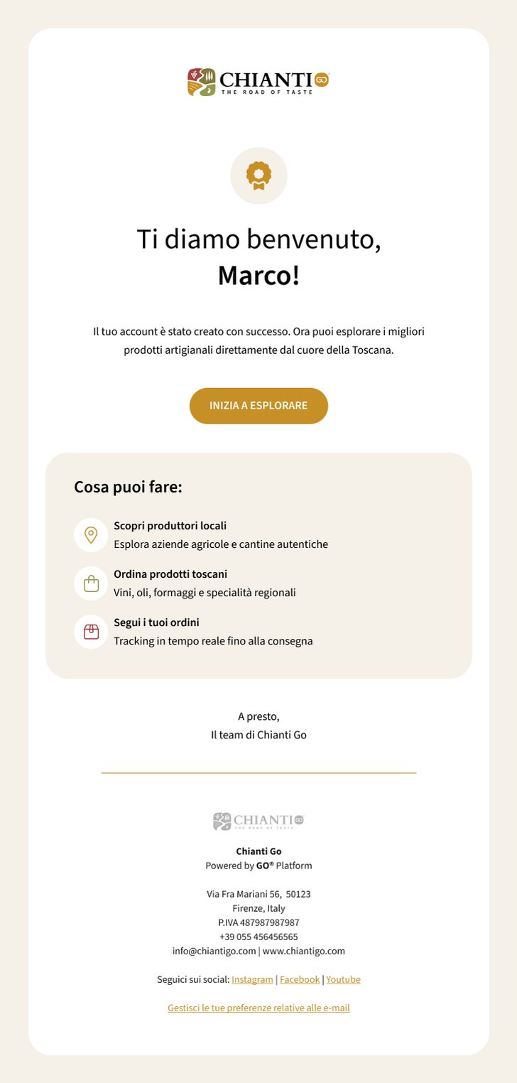 Welcome email for a new account: a greeting, a button to start exploring, and three things to do, find local producers, order Tuscan products and track orders.