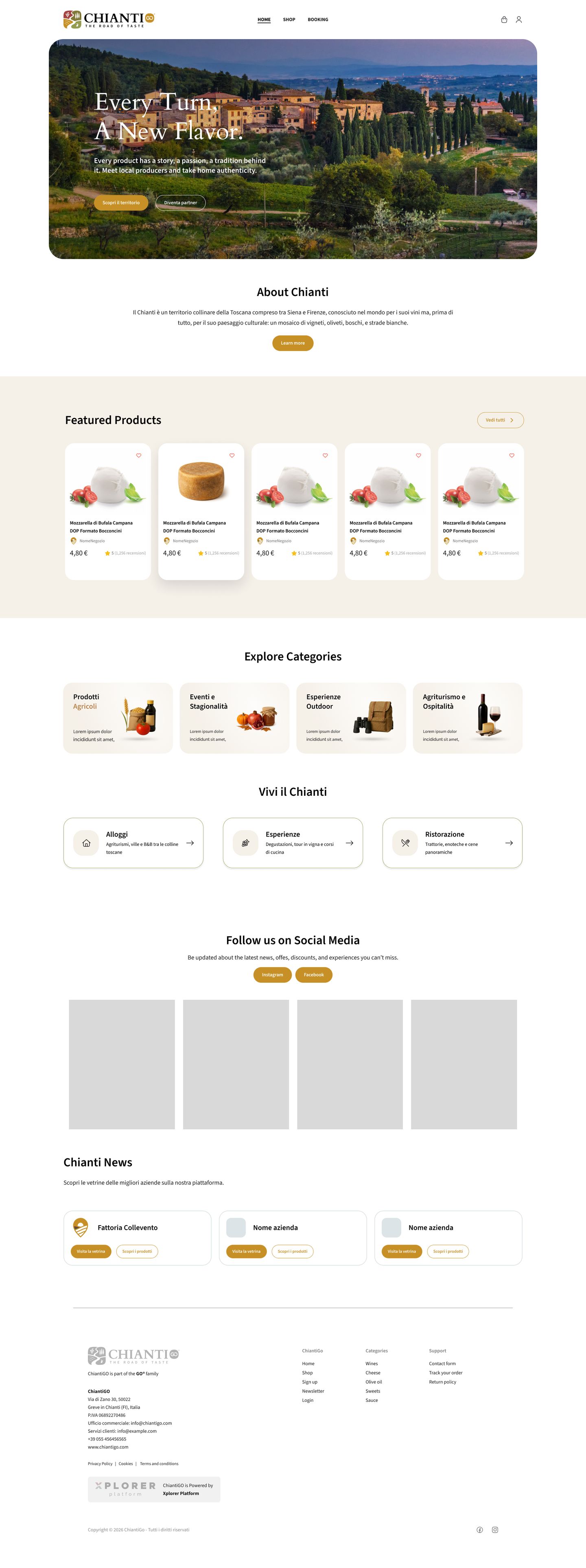 The full Chianti Go homepage: the hero with Every Turn, A New Flavor, a short introduction to Chianti, featured products, categories, stays, experiences and dining, the social feed, producers’ storefronts and the footer.
