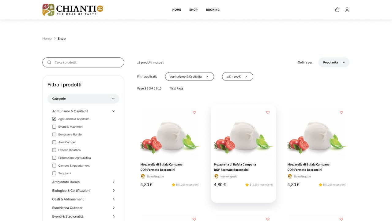 The shop: search and filters by category and price on the left, product cards with producer, price and rating on the right.