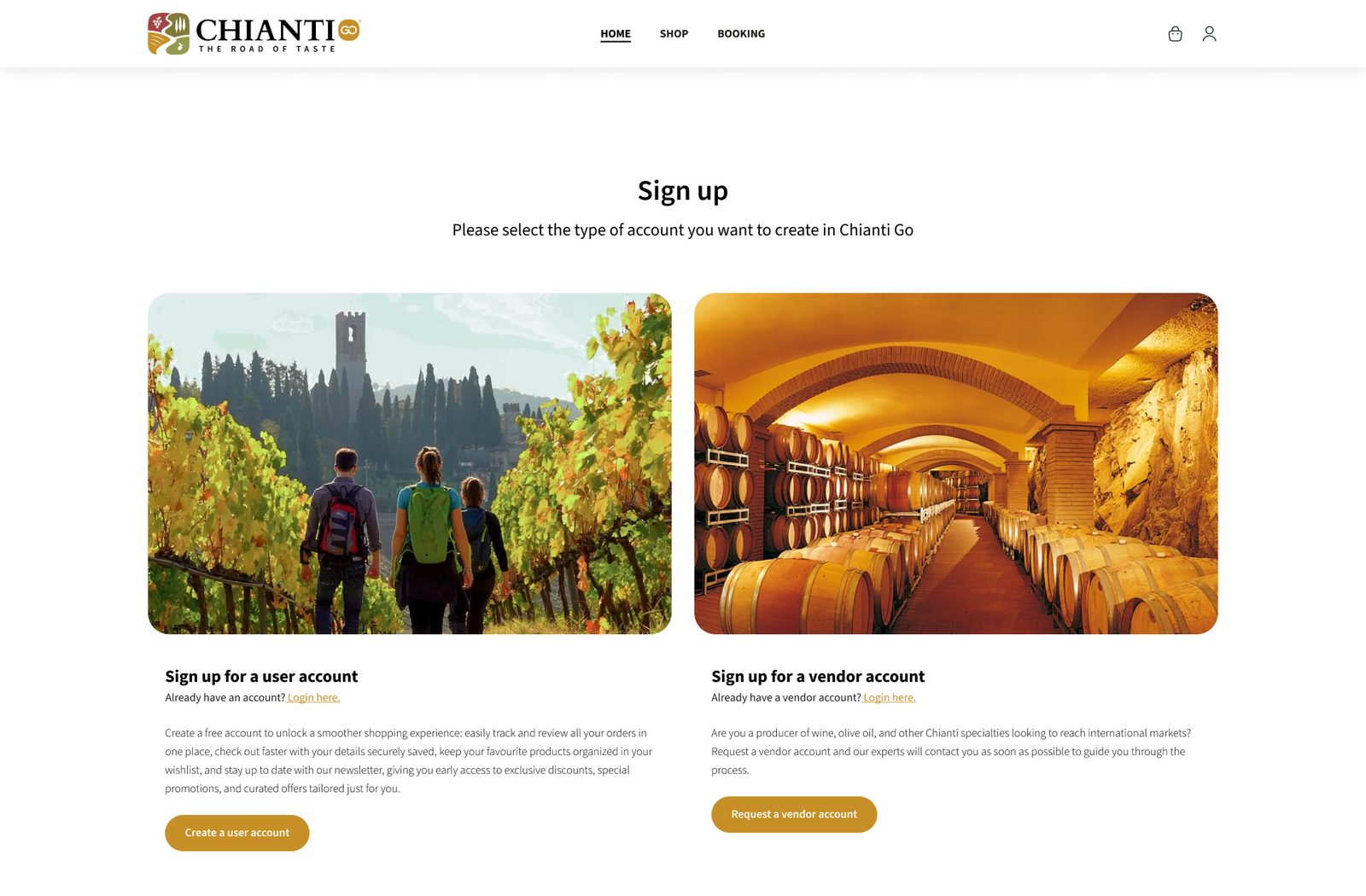 Sign up: two doors side by side, a user account with hikers among vineyards and a vendor account with a wine cellar full of barrels.