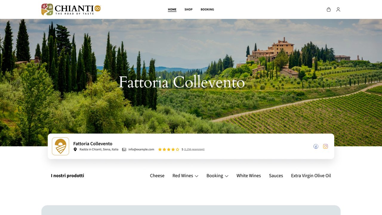 A producer storefront: an estate among vineyards and cypresses, a card with the producer’s logo, location and rating, and a menu of its products.