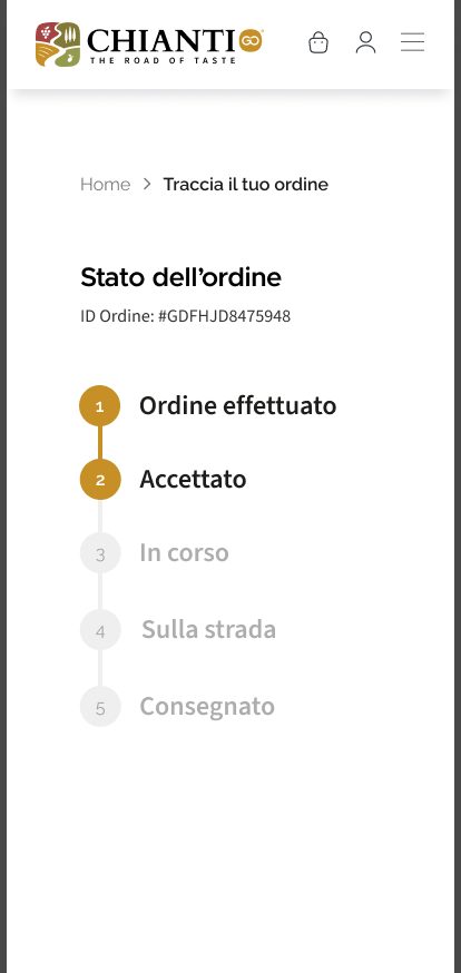 Order tracking on a phone: the same five steps stacked, with the first two marked in ochre.