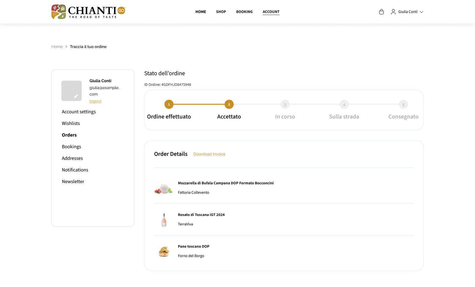 Order tracking on desktop: the account menu on the left, and a five-step progress line from order placed to delivered above the order details.