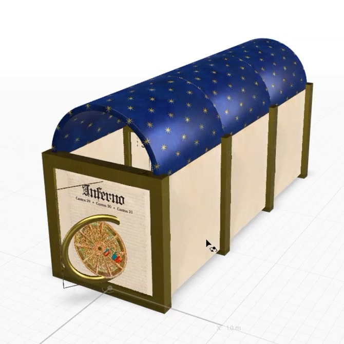 The finished 3D tunnel: cream walls between gold posts, a deep blue vault with gold stars, and the book's cover with its wheel as the door.
