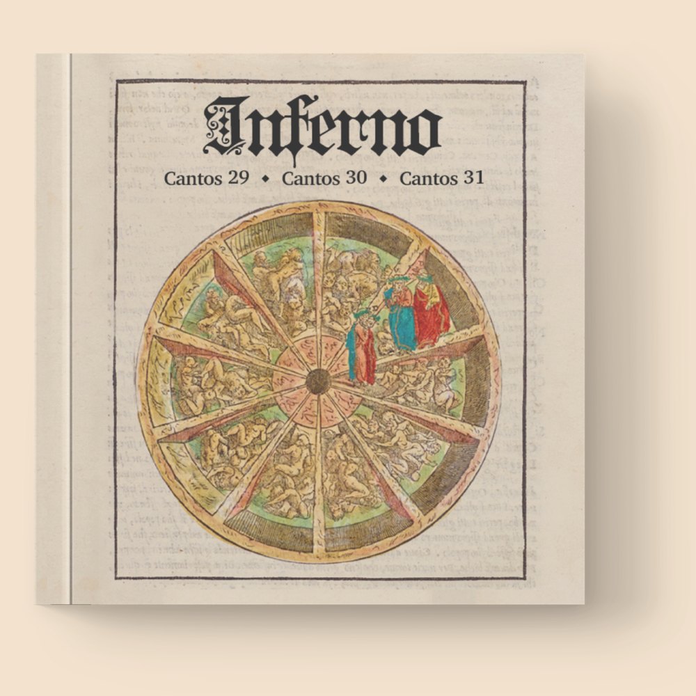 The square book closed on a cream background: the title Inferno in blackletter, Cantos 29, 30 and 31 below it, and an old round illustration of a wheel of figures filling the cover.
