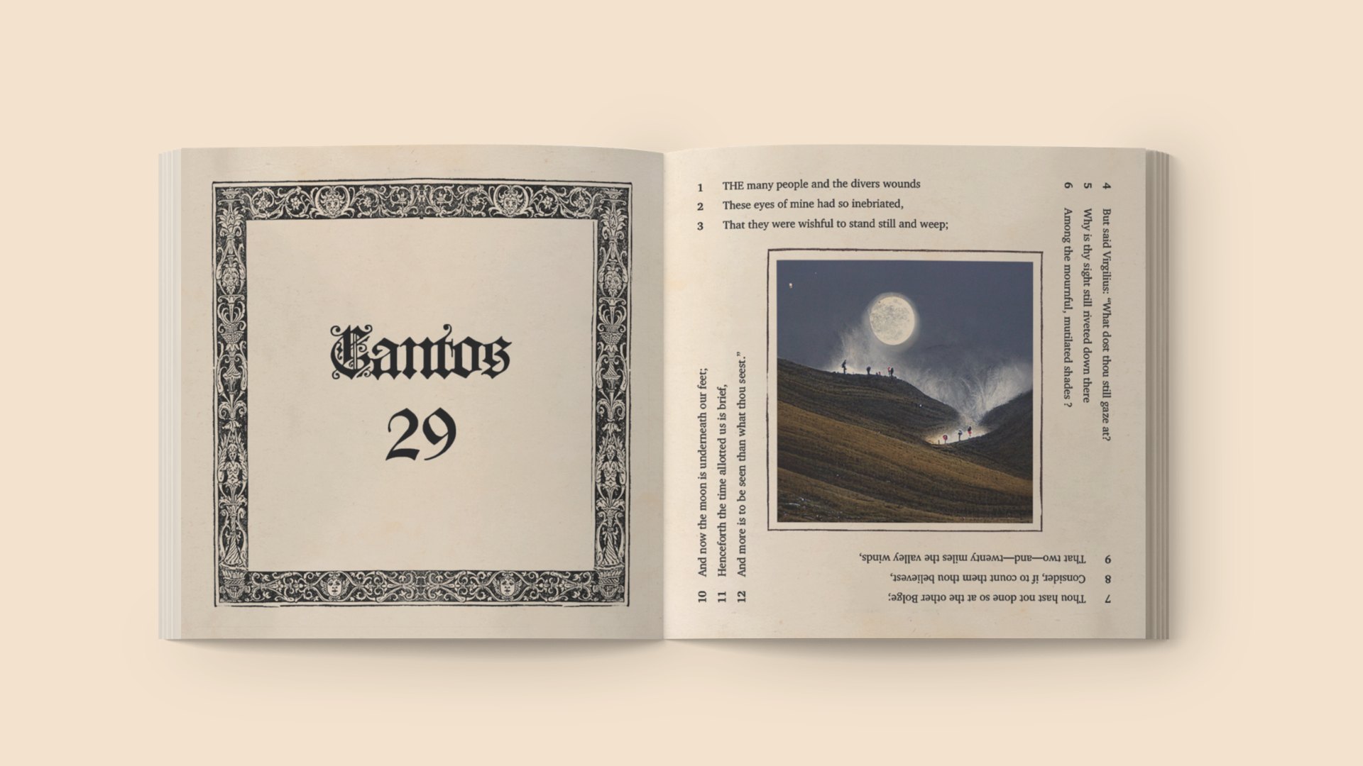 The book open at the start of Canto 29: on the left, Cantos 29 in blackletter inside a woodcut border; on the right, the first page, with a full moon over a hillside at the center and the verse turning around it.