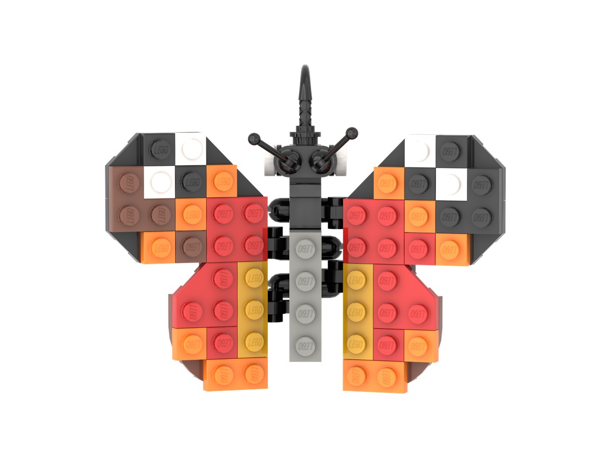The same butterfly built from LEGO bricks in red, orange, yellow, gray and white, wings open.
