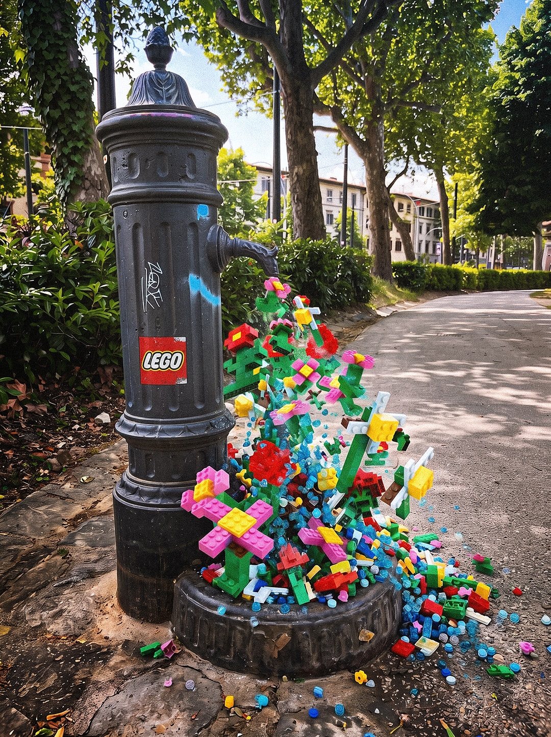 A cast iron drinking fountain in a tree-lined park, its spout pouring brick-built flowers and loose LEGO pieces into the basin and onto the path.