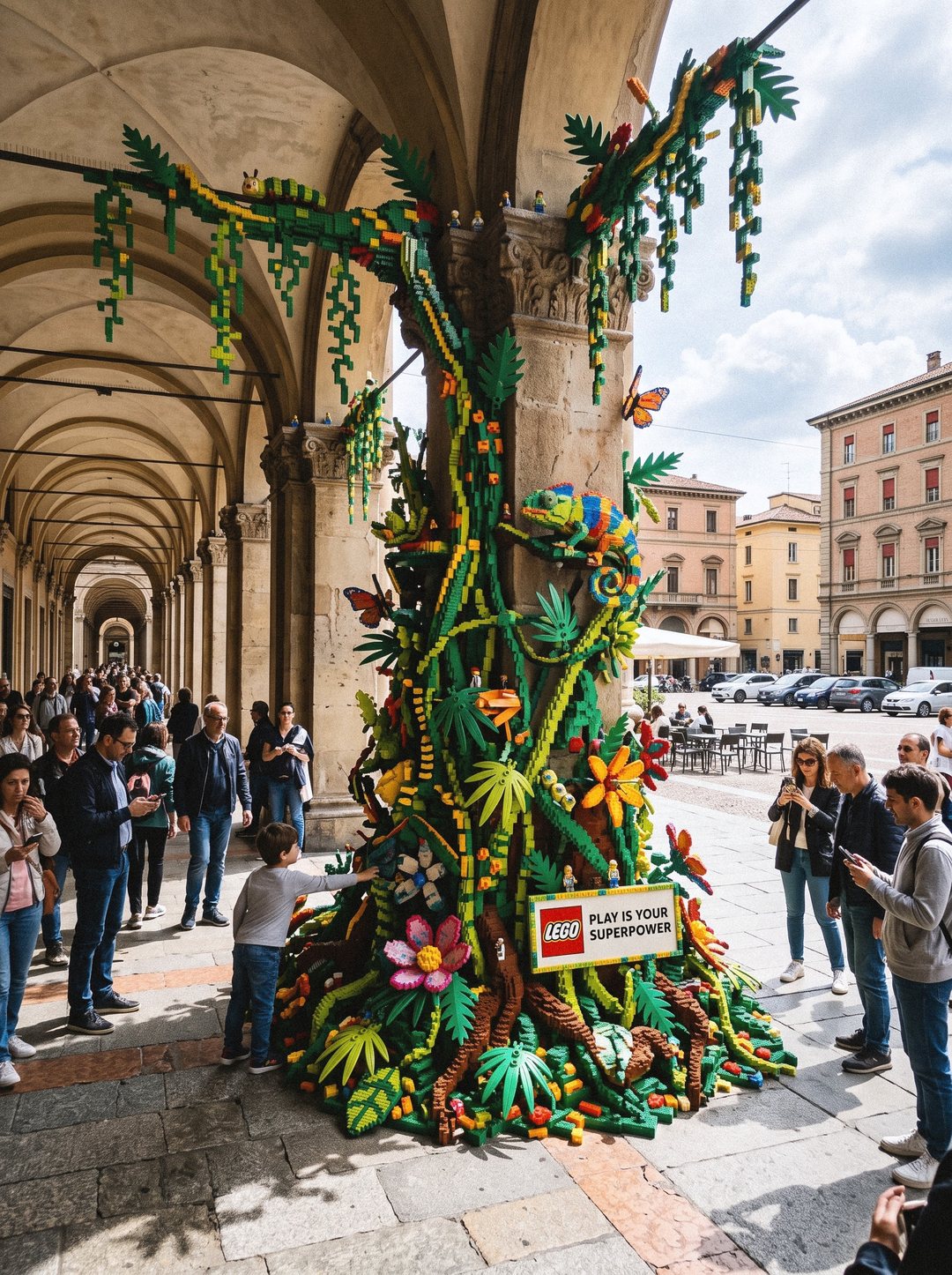 A jungle of LEGO bricks climbing a stone portico column in a city square: vines, palm leaves, flowers, a chameleon and butterflies, with a child touching it and passersby taking photos.