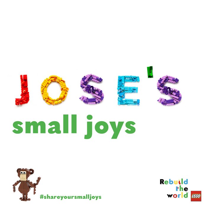 A square post on white: the name Jose's spelled in loose LEGO bricks in red, yellow, purple and blue, small joys in green below, and a brick-built monkey in the corner.