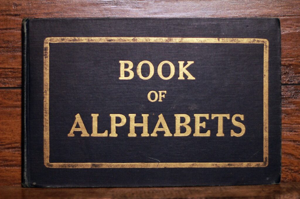 Cloth cover of the Book of Alphabets, its title stamped in gold.