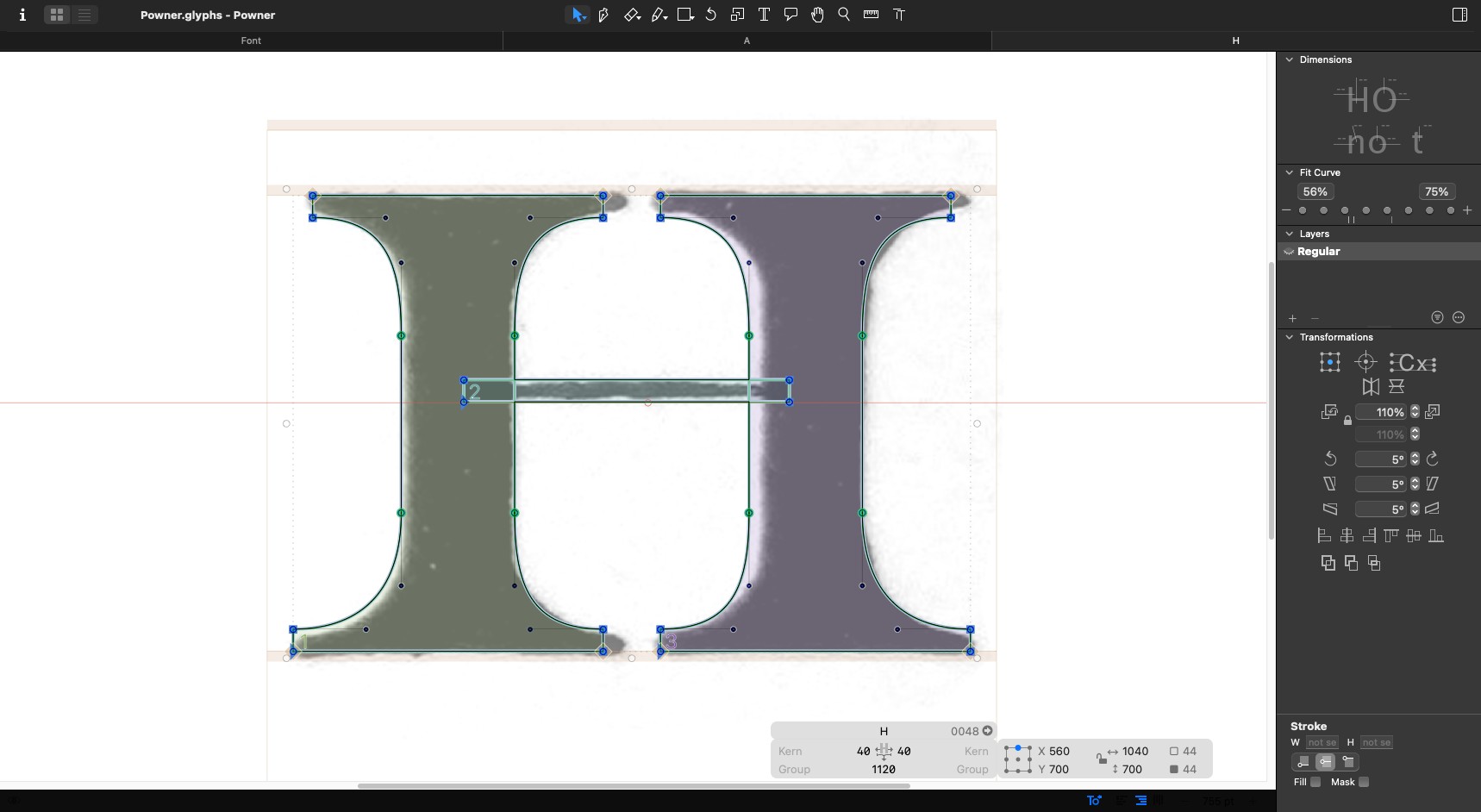 The H being drawn in Glyphs, its outline and points sitting over the scanned letter.