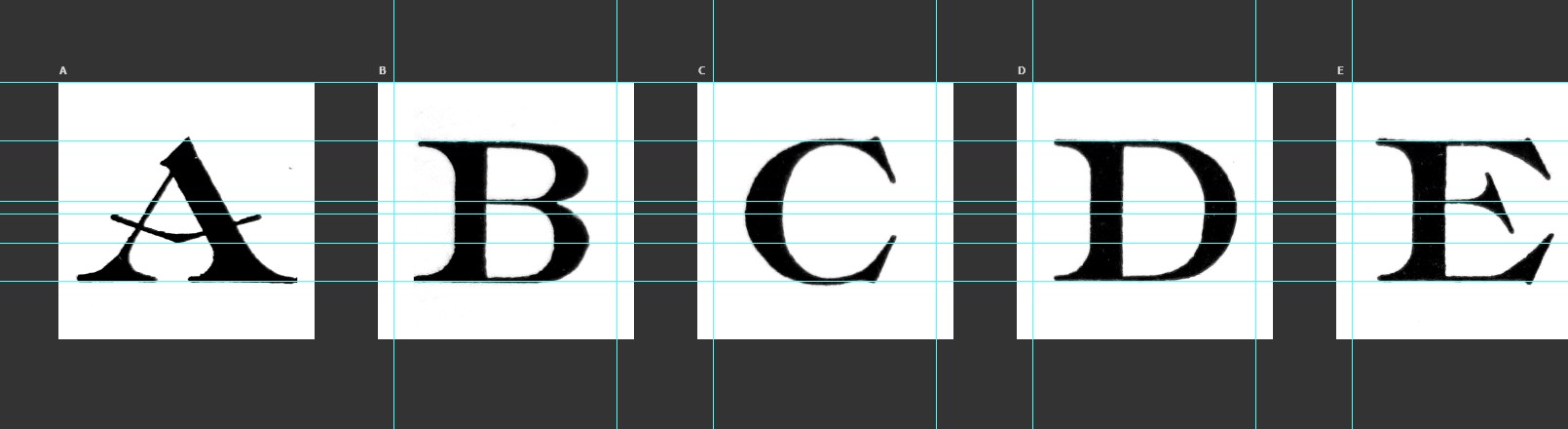 Photoshop canvas with the letters A to E cut out and lined up on shared guides.