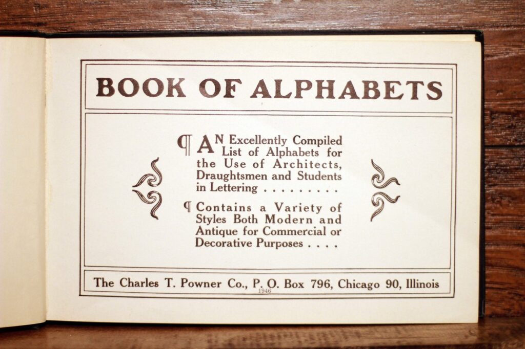 Title page of the Book of Alphabets, published by the Charles T. Powner Co. in Chicago.