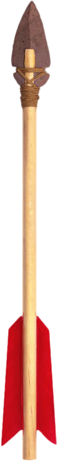 An arrow with a stone head and red fletching, pointing up.