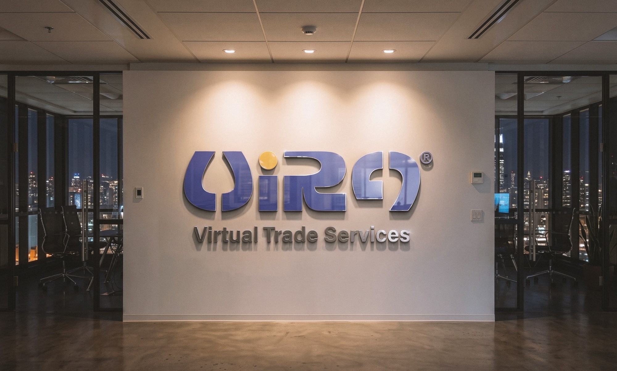 The Vira logo in purple letters with a gold dot on a lit reception wall at night, with Virtual Trade Services beneath it and city lights through the glass on both sides.
