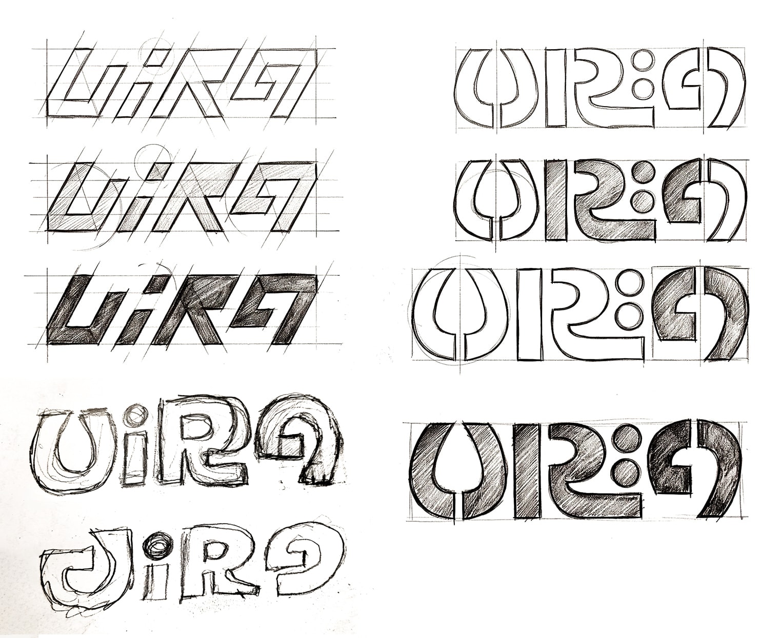 A sheet of pencil sketches of the name Vira on construction grids: three rows of angular italic letters on the left, three rows of rounded letters on the right, and a shaded rounded version at the bottom.