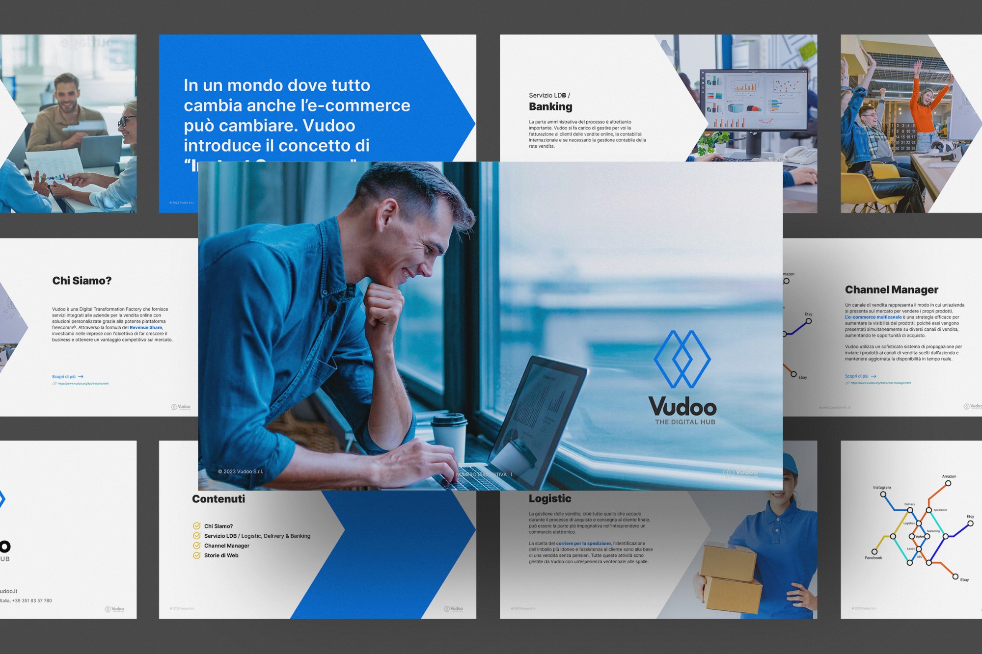Pages of the Vudoo digital brochure laid out in a grid: a cover with a man smiling at his laptop beside the logo, a contents page, and pages on Chi Siamo, Banking, Logistic and the Channel Manager.