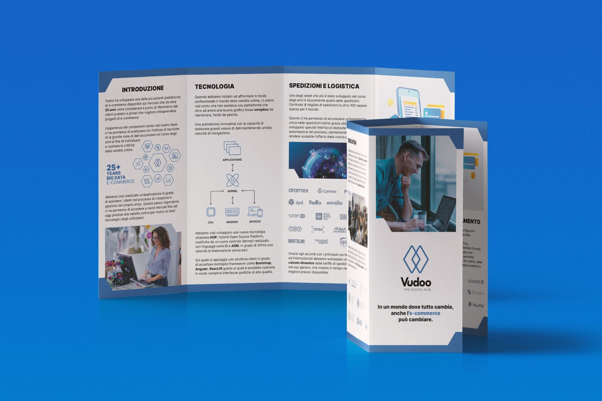 The printed Vudoo brochure on a blue background: an accordion fold opened to the introduction, technology and shipping panels, and a folded copy showing the cover.