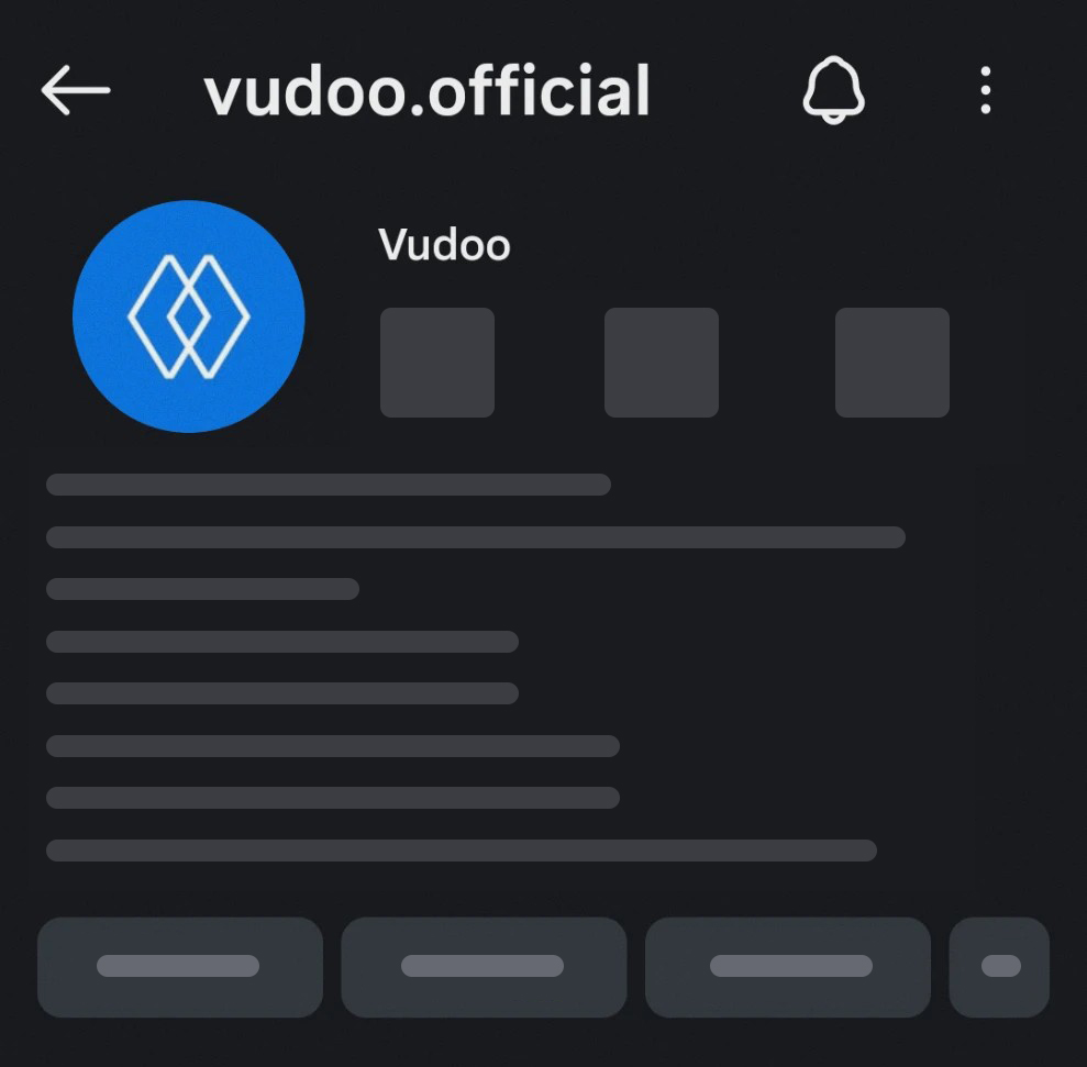 The vudoo.official Instagram profile: the white mark on a blue circle as the profile picture, with the rest of the profile shown as gray placeholders.