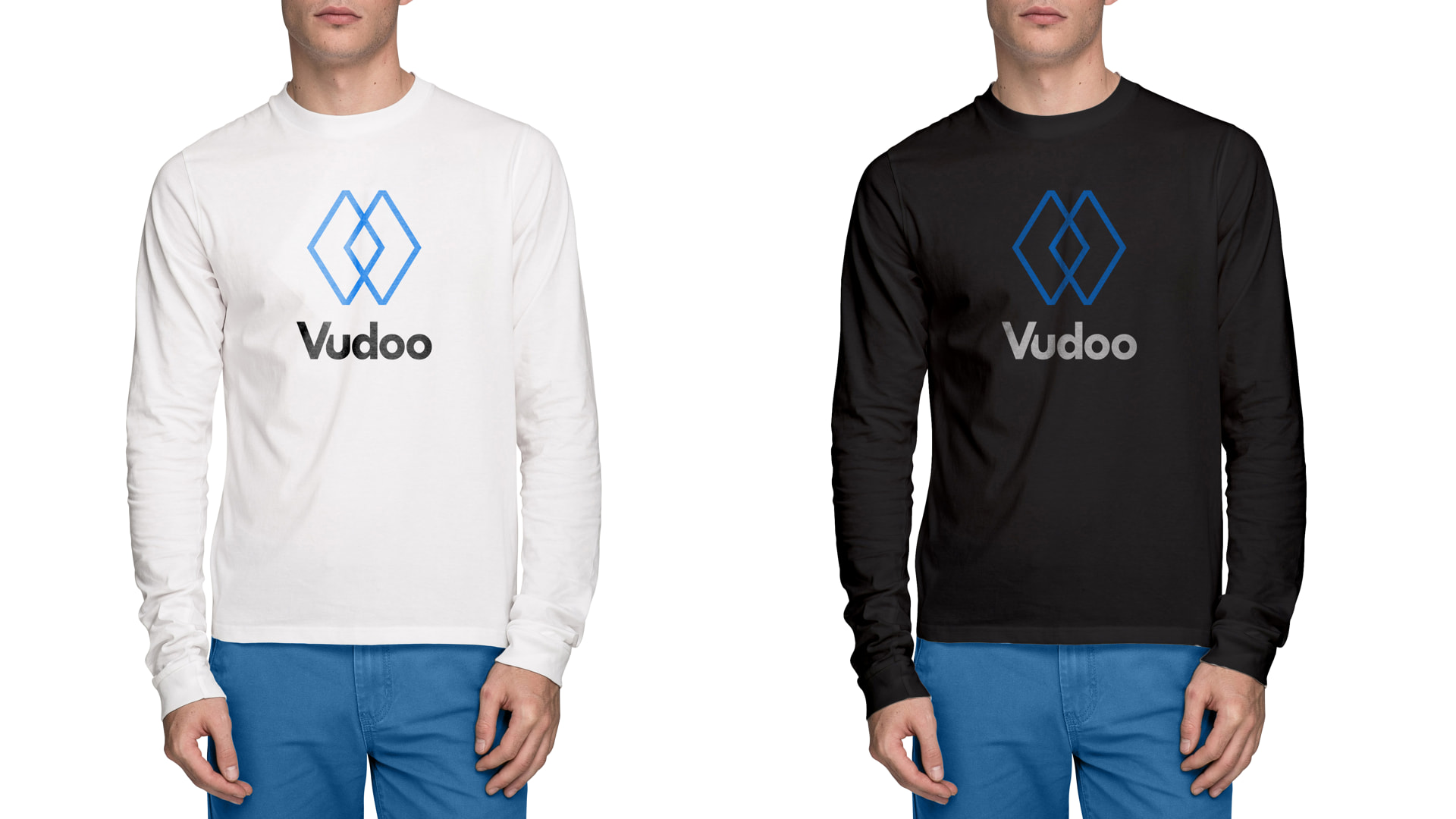 Two long-sleeve t-shirts, white and black, each with the Vudoo mark and wordmark on the chest.
