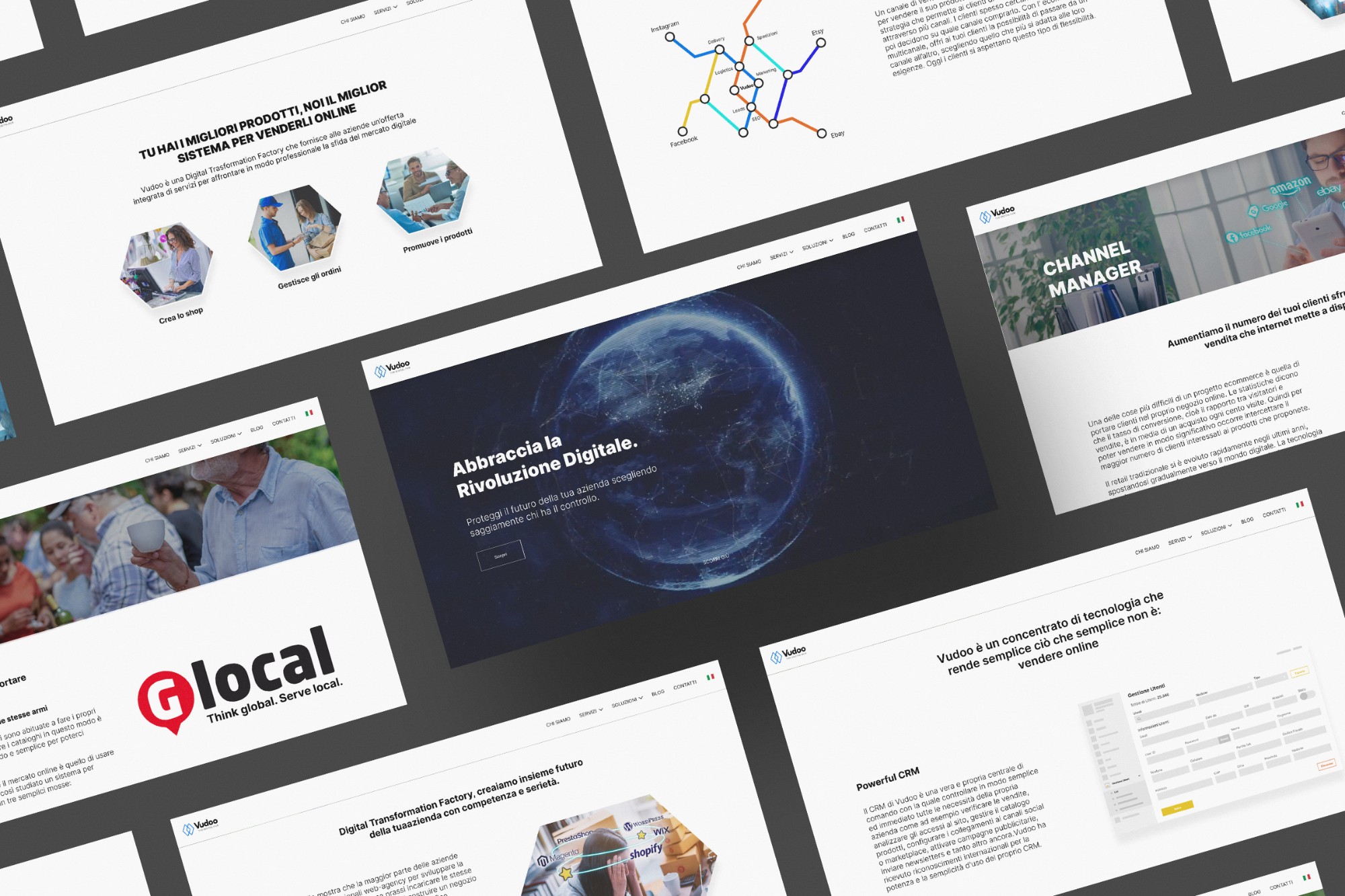 Pages of the vudoo.org website laid out at an angle: the homepage with a dark globe behind the headline Abbraccia la Rivoluzione Digitale, the Channel Manager page, the Glocal page and the CRM section.